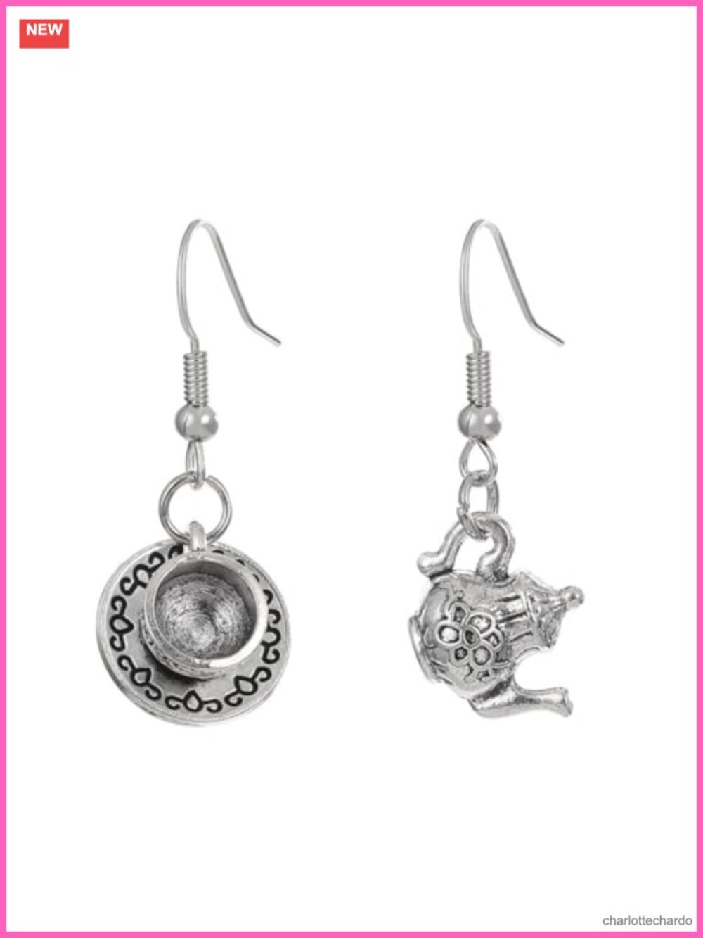 Vintage Tea Cup Kettle Dangle Earrings Asymmetry Zinc Drop